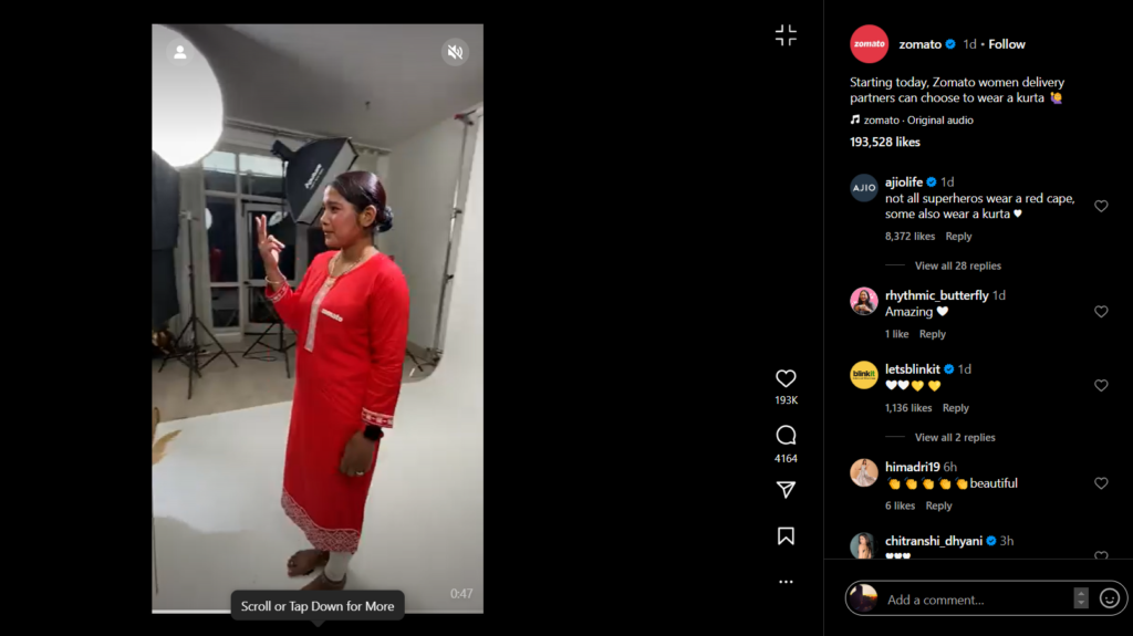 A screenshot from video posted by zomato on instagram showcasing brands and users comments on their decison of giving options to female delivery partner to wear zomato women kurta