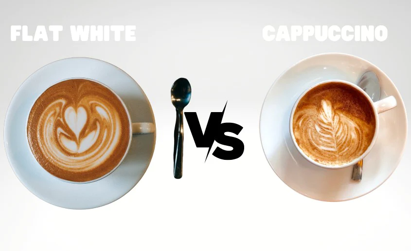 Image showing flat white coffee and cappuccino coffee side by side, highlighting the difference.