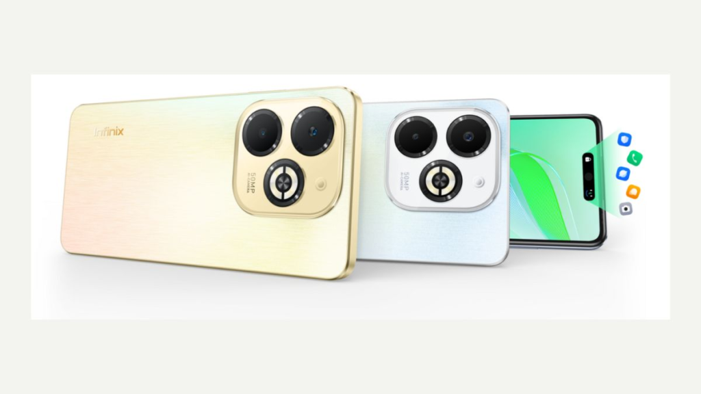 Image showing different colors of Infinix smart 8 plus phone namely: Galaxy White, Shiny Gold, and Timber Black