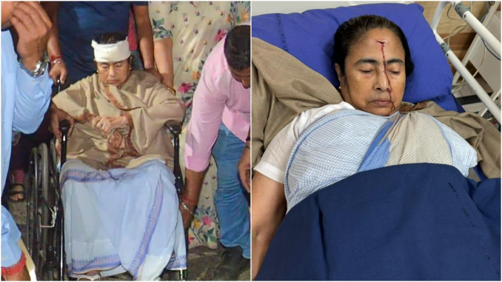 Image showing mamata banerjee injured and her foreheads bleeds(right side). The left side image shows when the treatment was done and she was been taken back to the home.