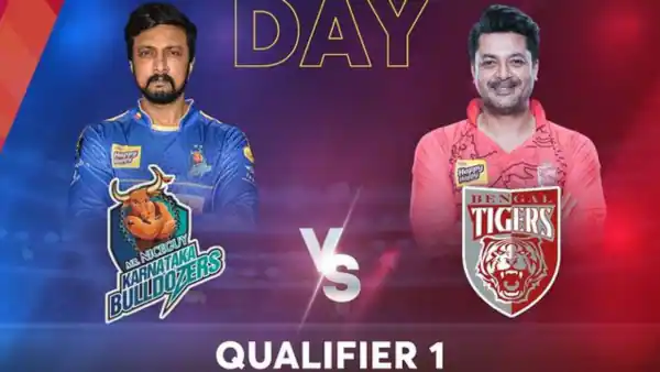 A template by Axpert Media showcasing the first CCL qualifier match to be played between Karnatak buldozers vs Bengal Tigers