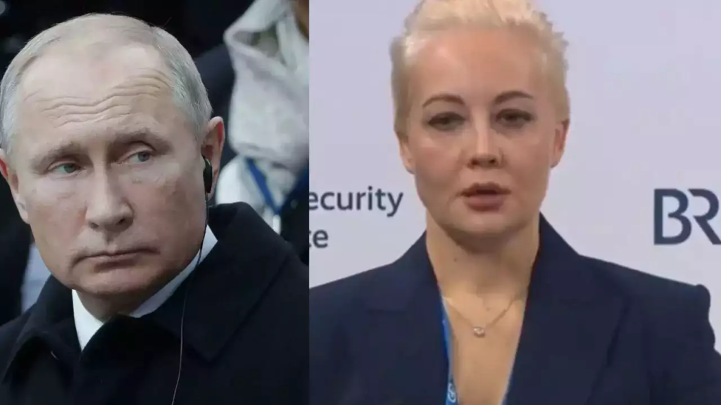 Image showing side by side pictures of the new Russian President and the opposition leader who got killed wife's, Yulia Navalnaya.
