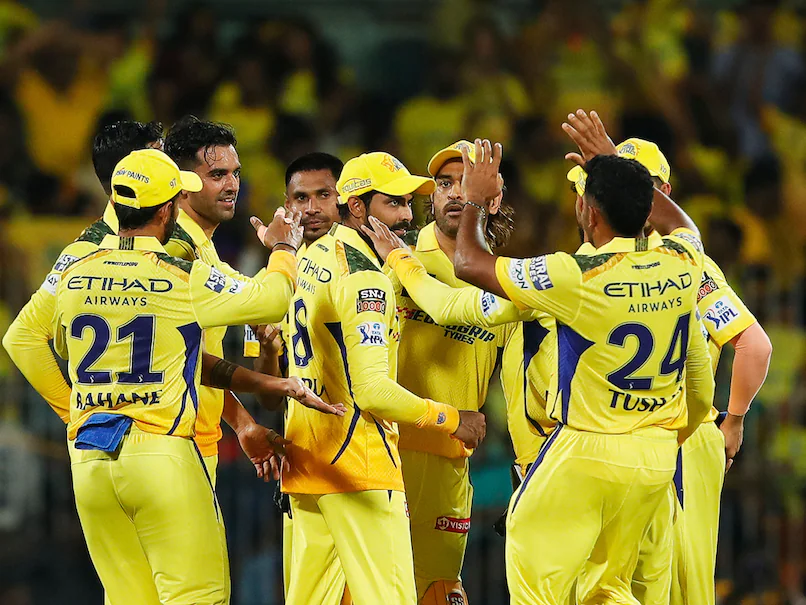Image from the IPL 2024 CSK vs RCB first match, showcasing CSK team enjoying their victory.