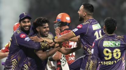 Image showing the Kolkata night riders team celebrating their victory against Sun risers Hyderabad on IPL 2024: Day 2.