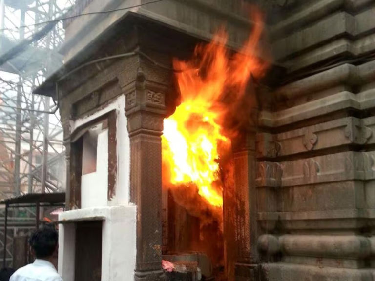 Image of mahakal mandir fire that erupted as a result of holi colors and camphor.