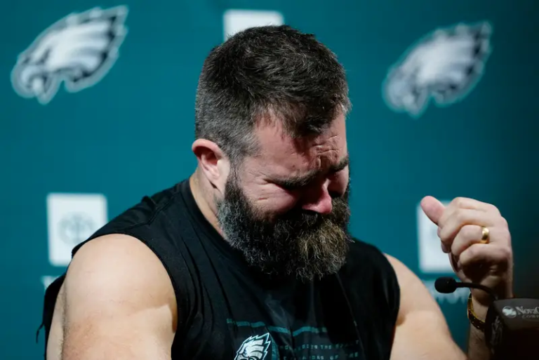 an image from jason kelce conference when he announced his retirement