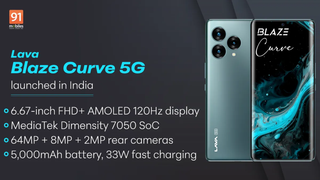 Lava Blaze 5G smartphone featuring AMOLED display, MediaTek Dimensity 7050 chipset, 64 MP main camera, 5000 mAh battery, and 5G connectivity.