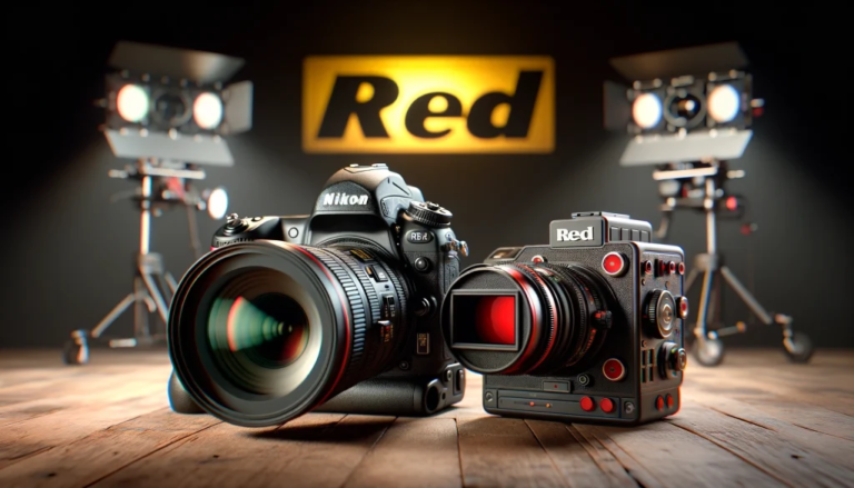 Image showing Nikon camera and red digital cinema camera side by side.