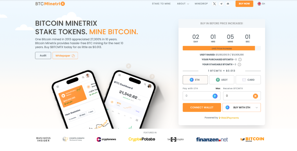 Image of Bitcoin Minetrix website, the very first altcoins to buy in 2024.