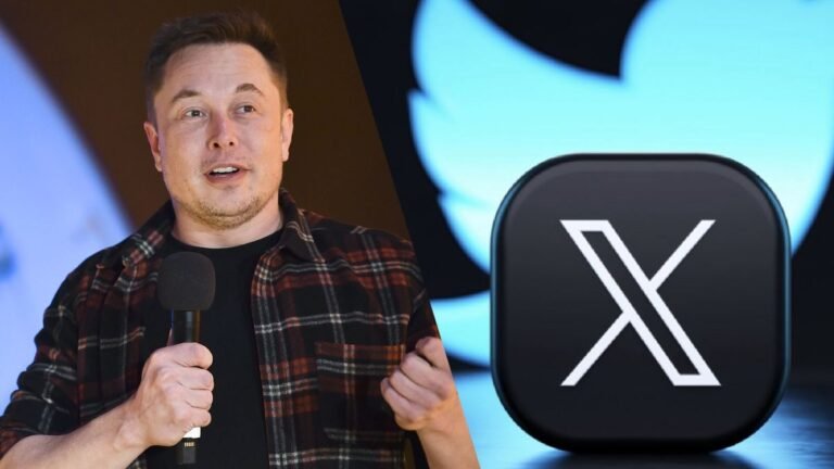 Elon Musk holding a microphone alongside the X (formerly Twitter) logo with a blurred Twitter bird logo in the background.