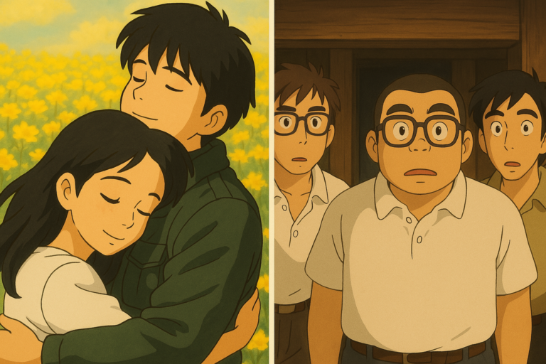 A split-screen Studio Ghibli-style anime scene featuring a young couple embracing in a field of yellow flowers on the left and three surprised men in a wooden house on the right."
