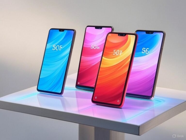 Four colorful 5G smartphones displayed on a table, showcasing modern design and vibrant screens - Best 5G Phones Under ₹15,000 in India (2025).