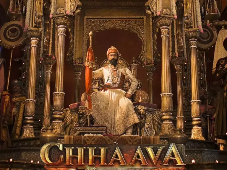 Vicky Kaushal as Chhatrapati Sambhaji Maharaj in Chhaava, a historical epic showcasing grandeur and royal heritage in an elaborate palace set.
