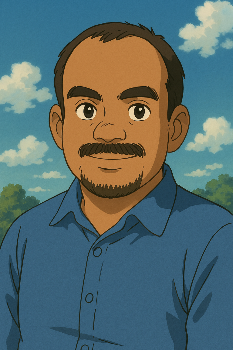AI-generated Studio Ghibli-style portrait of a man with soft, hand-drawn anime features and warm color tones.