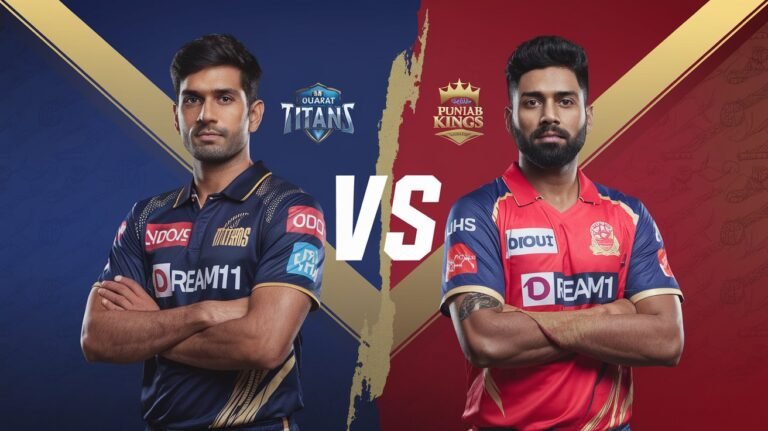 "Gujarat Titans vs Punjab Kings Dream11 match preview with two cricket players in team jerseys, standing with crossed arms against a blue and red background."