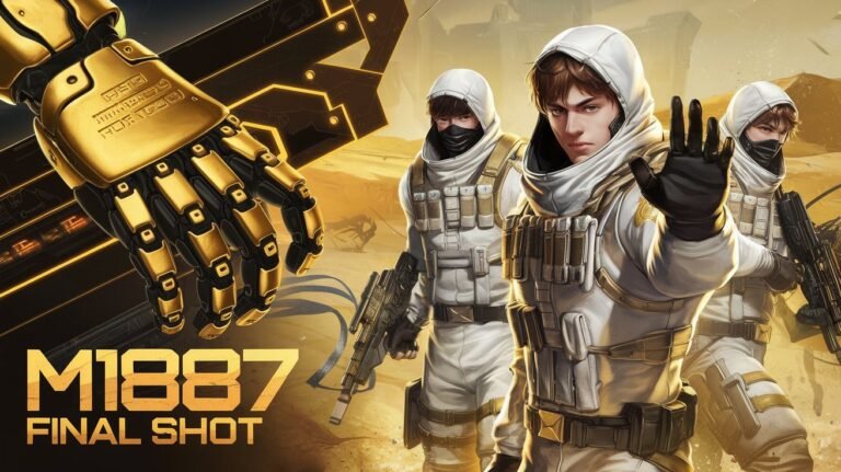 "Futuristic warriors in white and gold outfits with a glowing mechanical hand in a sci-fi desert battlefield."