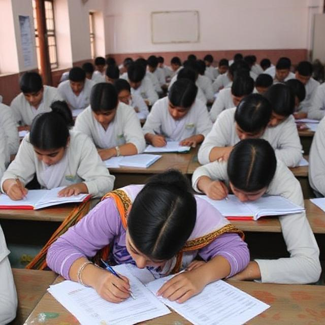 UP Board examiners evaluating 1.40 lakh answer sheets at Chitrakoot Inter College under strict guidelines.