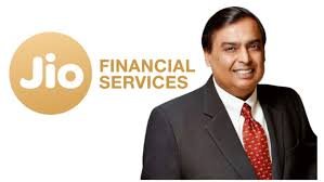 Mukesh Ambani standing next to Jio Financial Services logo