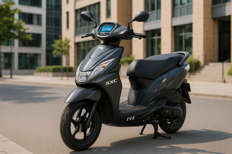Create a realistic editorial-style image of the new TVS Zest 110 SXC scooter (2025 model) parked in an urban city background. The scooter should appear sleek, modern, and lightweight, designed for female riders, showcasing its digital dashboard, new decals, and Bluetooth-enabled display. Details to include: Scooter in Graphite Grey or Bold Black colour variant Highlight the digital instrument cluster (speed, fuel, trip info visible) Subtle TVS Motor branding (no logo imitation, just stylistic cues) Natural daylight with soft reflections on body panels Lifestyle feel: clean road, minimal background blur, maybe a college or cafe backdrop Image ratio: 16:9 (for web banner & Discover cards) Style: Photorealistic, editorial product shot — suitable for Google News / automotive blog hero banner Mood: Clean, bright, professional — focused on the scooter as the hero subject Quality: Ultra HD (1920x1080 or higher), balanced contrast, no artificial look Caption suggestion: New TVS Zest 110 SXC variant debuts with Bluetooth digital console and fresh decals.