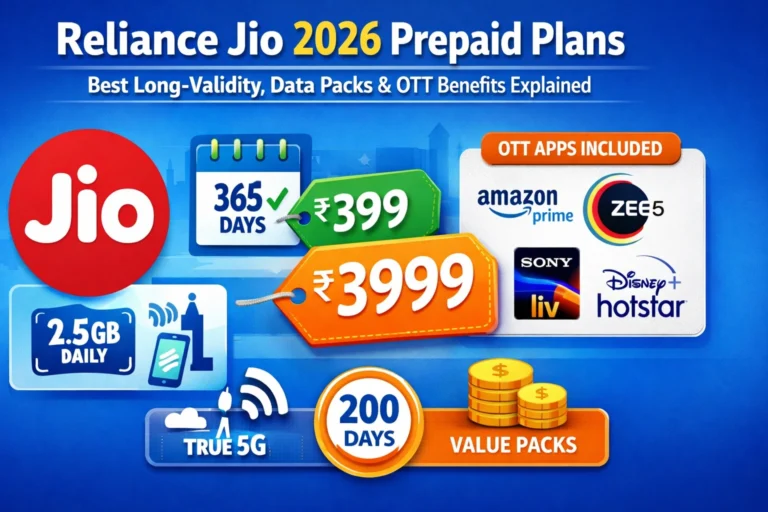 Reliance Jio 2026 Prepaid Plans: Best Long-Validity, Data Packs and OTT Benefits Explained Image Description: A clean, vibrant telecom infographic showing the Reliance Jio logo, icons for daily data, long validity calendar, price tags (like ₹399, ₹999, ₹3999), and OTT streaming symbols to visually summarise the key benefits of Jio’s 2026 prepaid plans. If you want alternate versions (different style, colour palette, or layout), just let me know!